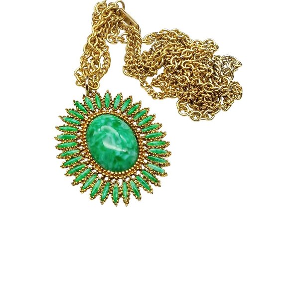 Vintage Gold-Tone Sunburst Pendant Necklace with Green Marbled Cabochon & Long - Picture 2 of 4